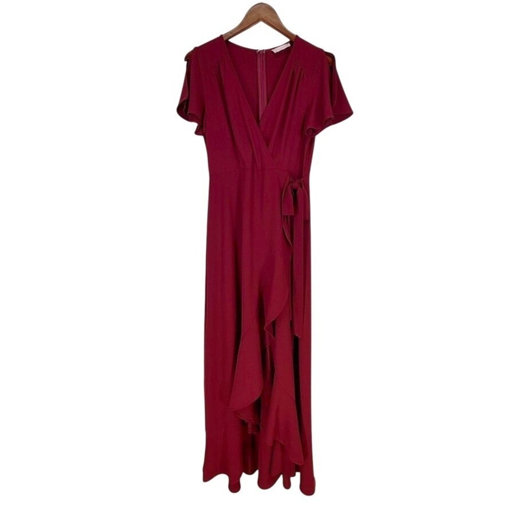 Altar'd State Faux Wrap Maxi Dress Red M Ruffle High Low Flutter Sleeve Formal